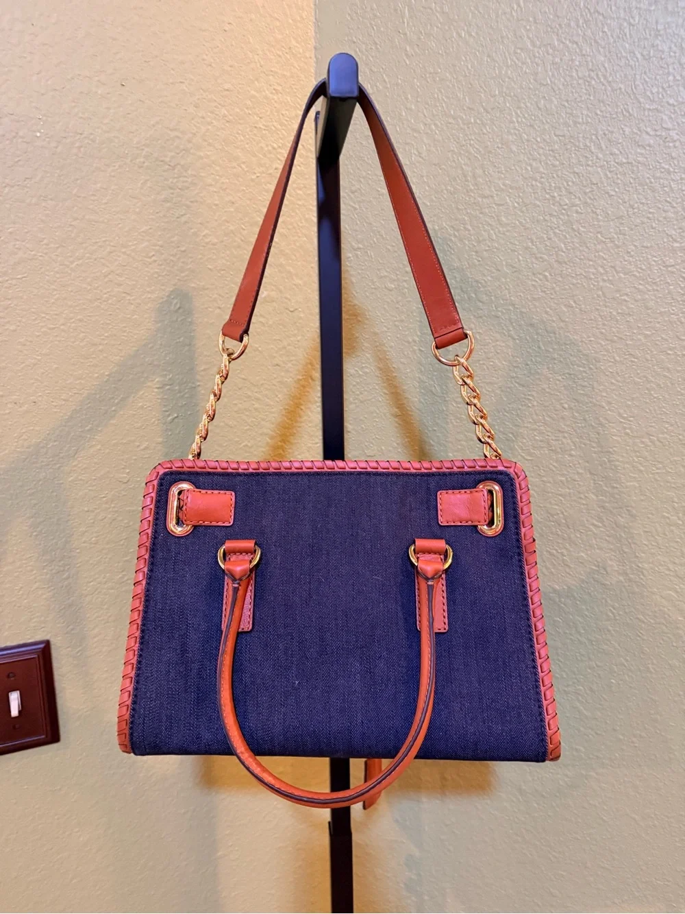 Michael Kors Navy Denim Satchel with Brown Leather Trim & Gold Hardware
